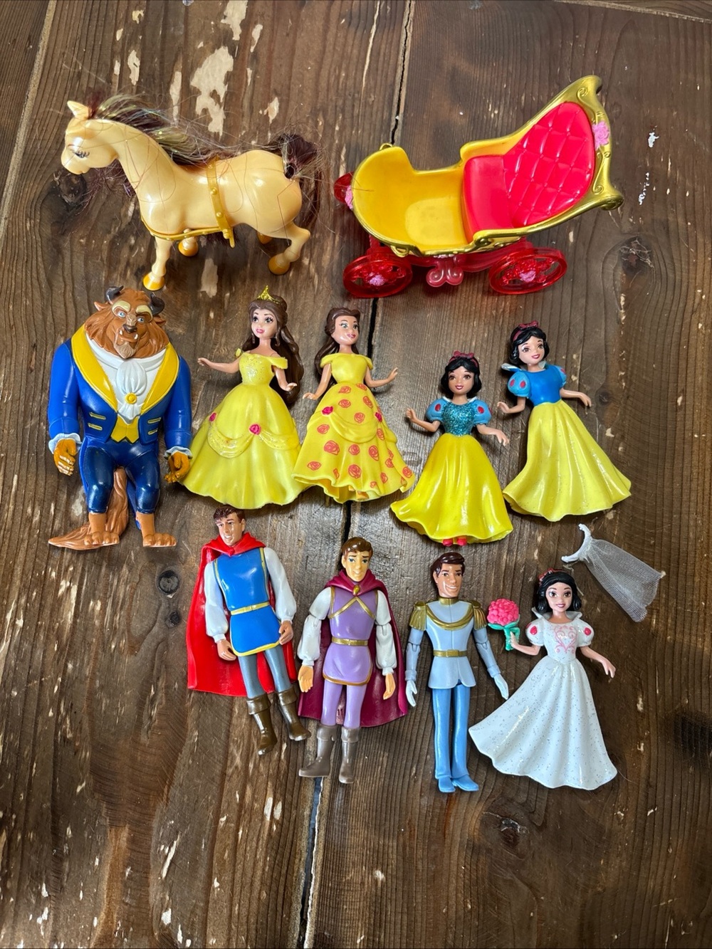 Disney Princess Mini Doll Lot 11pc Belle Snow White Princes Horse Carriage